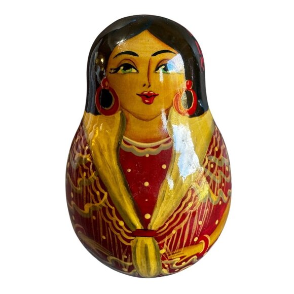 Russian Artisan Other - Matryoshka Roly Poly Bell Doll Hand Painted Wooden 5 1/4" Red Gold Folk Art